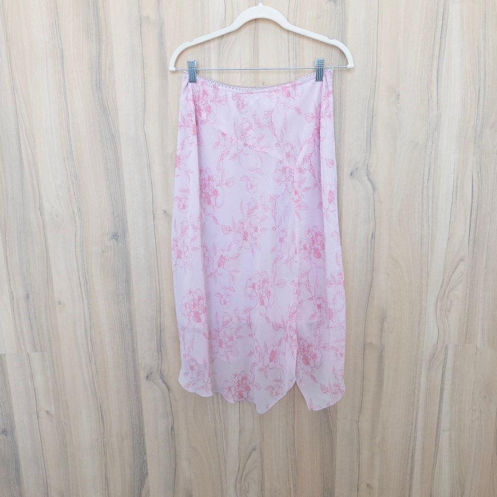 Vintage Y2K Midi Skirt L Pink Floral Sheer Overlay Asymmetrical Fairy Coquette